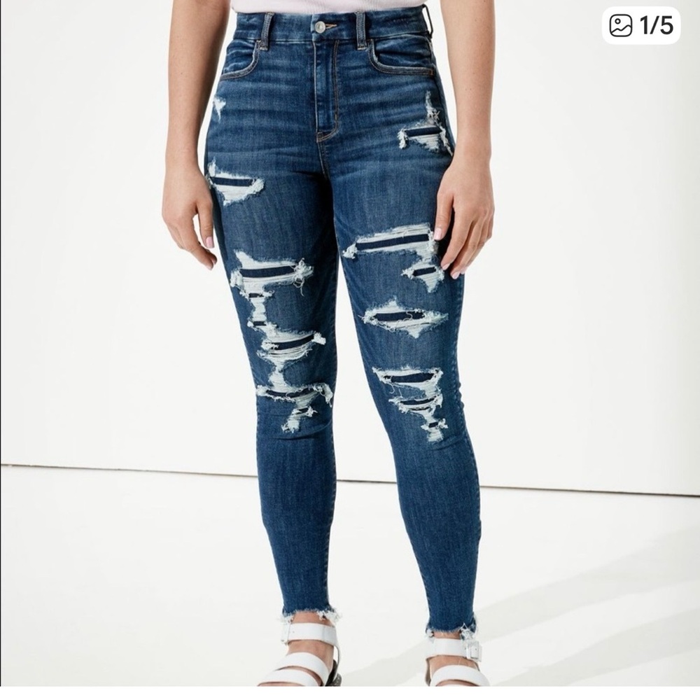 American Eagle Outfitters Dark Blue Distressed Curvy High-Rise Jeggings
